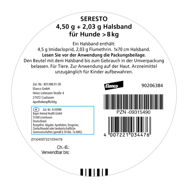 SERESTO 4,50g + 2,03g Halsband für Hunde ab 8kg